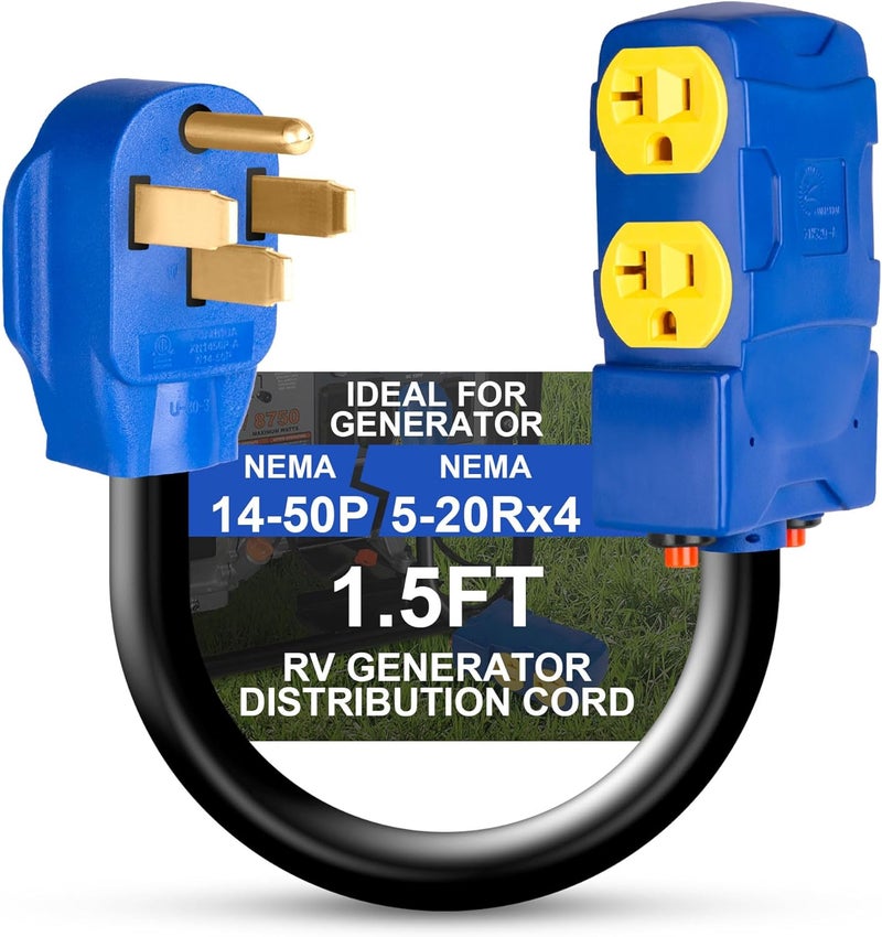 KTOEBYCO 50 Amp to 20 Amp 110V RV Distribution Adapter, NEMA 14-50P Male to 4 X 5-20R/15R Female RV Generator Adapter with 4-Prong to Mutiple Household Outlet w/ 20amp Circuit Breaker, UL Listed, 1.5FT - Image 1